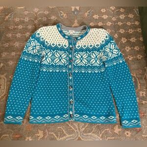 L.L. Bean‎ Fair Isle Teal Cream Nordic Snowflake Cotton Knit Cardigan Women’s M